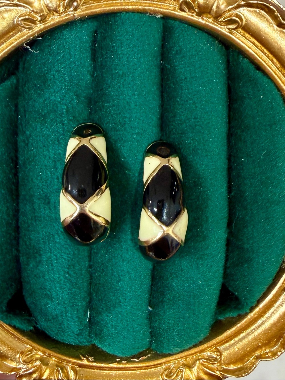 Avon Gold-Tone Black and Cream Enamel Hoop Earrings